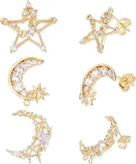 PH PandaHall 三日月 ピアス 星 キラメキ レディース シルバー925 3ペア 金属アレルギー対応 3種( ゴールド)