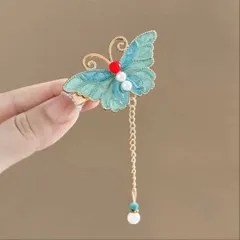 ヘアピン蝶モチーフ華やか上品ブルー揺れ飾可憐和装コスプレクリップ漢服中国チャイナ