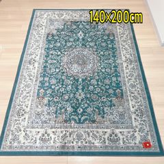 プリント ラグマット　140×200㎝　1.5帖　グリーン　光沢　軽い　アンティーク調　ペルシャ風　じゅうたん　絨毯　緑
