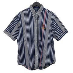 GC816 POLO by RALPH LAUREN ポロバイラルフローレン ストライプシャツ 半袖シャツ シャツ 半袖 ボタンダウン ネイビー系 メンズ サイズL