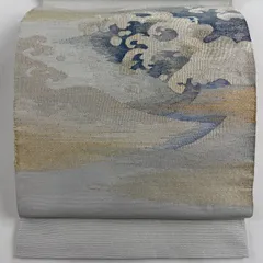 袋帯 美品 秀品 波頭 金糸 水色 お太鼓柄 正絹 【中古】