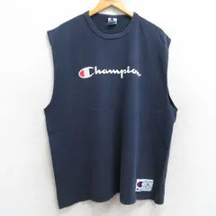 XL/古着 チャンピオン champion ノースリーブ ビンテージ Tシャツ メンズ 90s ビッグロゴ 大きいサイズ コットン クルーネック 紺 ネイビー