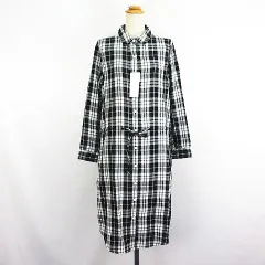 ベルメゾン BELLE MAISON 千趣会 シャツワンピース チュニック 長袖 ロング丈 チェック ダブルガーゼ コットン M ブラック×ホワイト ※EKM