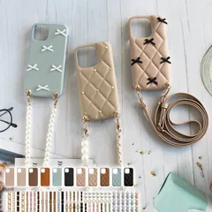 スマホケース スマホカバー iPhoneケース【レザーハードorキルティングケース×リボン×ロングストラップ】303