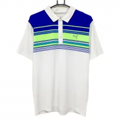 プーマ 半袖ポロシャツ 白×ブルー 上部ランダムボーダー ロゴ刺しゅう  メンズ XL ゴルフウェア PUMA