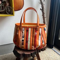 革と古布のパッチワークバッグ（オレンジの革＋紬、銘仙など）No.01016-29 着物リメイク 和装 ハンドメイドバッグ