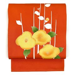 リユース帯 名古屋帯 橙 オレンジ 緑 クリーム カジュアル 塩瀬 刺繍 椿 　 未洗い MS1017