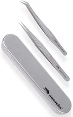 aurochs 極ツマミ 精密 ステンレス ピンセット ストレート 先曲がり ２本セット ケース付