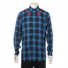 GIVENCHY ジバンシィ 17AW コットン × リヨセル チェック長袖シャツ メンズ 40 スターパッチ ブルー 17F 6010 335 ポルトガル製