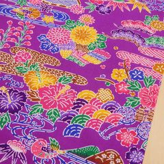 約110×50㎝　紅型風 琉球柄 花と霞と流水 琉球柄 沖縄 びんがた ブロード生地 1350-70H パープル　 生地 布地 布 ハンドメイド