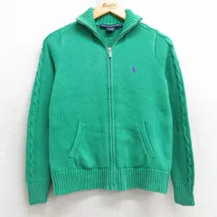 古着 ラルフローレン 長袖 ブランド フルジップ ニット カーディガン レディース 90s ワンポイントロゴ コットン 緑 グリーン 25feb07 中古