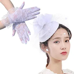 LUXIA FILL ルクシア フィル カクテル ハット 帽子 トーク帽 ブライダル ウェディング レディース ヘッドドレス ヘアアクセサリー 髪飾り レース手袋 セット Aタイプ( ホワイト 手袋タイプA,  Free Size)
