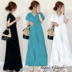 ワンピース レディース 夏 半袖 ロングワンピース リゾートワンピース 刺繍花柄ワンピース マキシ丈ワンピース aライン Vネック 無地 着痩せ 体型カバー 夏