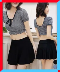 新品 水着セット レディース ギンガムチェック 露出控えめ リゾート サマー 背中見せ ギャザー 【送料無料】