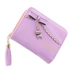 【数量限定】二つ折り 短財布 かわいい 猫チャーム タッセル付き レディース 財布 ウォレット 財布 カード入れ 小銭入れ ミニ財布 女の子 女性用 [Kingsie] プレゼント (パープル)