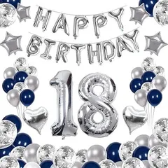 【在庫処分】64枚 18歳 誕生日 飾り付け 風船セット 数字バルーン 組み合わせ 「HAPPY BIRTHDAY」ランド ハート風船 紙吹雪風船 ドットシール 装飾 パーティー お祝い サプライズ シルバー＆ブラック 男の子 女の子