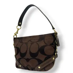 【未使用級/美品】COACH コーチ ハンドバッグ ワンショルダー アクセサリーポーチ シグネチャー キャンバス レザー ブラウン系 ゴールド金具 レディース クラシックデザイン コンパクト 人気モデル クリーニング済み s35