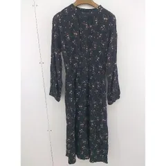 ◇ GLOBAL WORK 花柄 ウエストゴム スタンドカラー 長袖 膝下丈 ワンピース サイズM ブラック マルチ レディース  【中古】 【1203040000293】