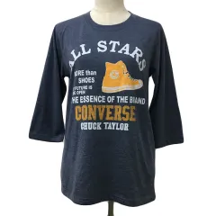 コンバース CONVERSE Tシャツ カットソー プルオーバー クルーネック プリント ロゴ 七分袖 M 青 グレー ブルーのサムネイル