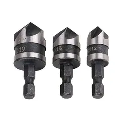 炭素鋼90度面取りナイフ　5刃面取り　六角シャンク　面取りナイフ　オー プンホールドリル　リーマドリル　バリ取りドリル　パワードリルビット穴の組み合わせ　12mm、16mm、19mm 3本セット