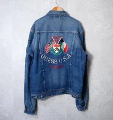 美品 GUESS JEANS ゲスジーンズ デニムジャケット ジージャン Gジャン バック刺繍 ロゴ ワッペン ダメージ加工 インディゴブルー サイズL メンズ 古着 中古