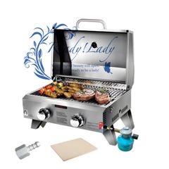 バーベキュー コンロ ガス、ステンレススチール プロパン 卓上 ガスグリル 2バーナー BBQ 折りたたみ式 (シルバー（58*42*37cm）)