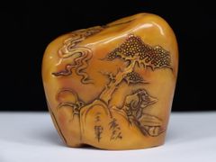 旧家蔵出　古美術　達磨大師　細工彫刻　寿山石 時代物　アンティーク　骨董品 中国古美術 名家篆刻 寿山烏鴉皮田黄石彫 置物 共箱 細工 古玩 骨董品