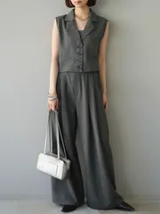 ツイードタッチテーラードジレ+ タックワイドパンツ　ダークグレー　新品　Lumier リュミエ　セットアップ　コーデ　レディース