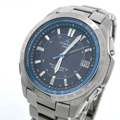 【稼働品／美品】カシオ オシアナス 腕時計 OCW-T100 メンズ 電波ソーラー チタンモデル タフソーラー MULTI BAND 6 アナログ デイト カレンダー シルバー ネイビー文字盤 ブルーベゼル ビジネス 高機能  箱付き クリーニング済み G