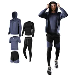 【迅速発送】Ademe メンズ コンプレッションウェア セット トレーニングウェア 5点セット 通気防臭 スポーツウェア ランニングウェア パーカー 長袖シャツ 半袖シャツ ハーフパンツ タイツ 吸汗速乾