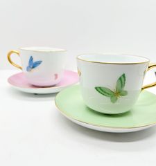 【新品】大倉陶園　パピヨン　モーニング碗皿ペアセット　カップソーサー　碗皿　コーヒーカップ　ティーカップ　カップ　グリーン　ピンク　蝶　ちょうちょ