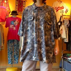 ネイビー　総柄　アロハシャツ　柄シャツ　半袖シャツ　オーバーサイズ