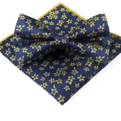 花柄蝶ネクタイとポケットチーフセット　格安　結婚式　発表会　イベント　パーティー　ダンスパーティー　バーテンダー　卒業式　卒園式　入学式　入園式　入社式　成人式　父の日　七五三祝い　蝶ネクタイ　チーフ　ネイビー色　紺色　ゴールド色　金色　イエロー色　幾何学模様