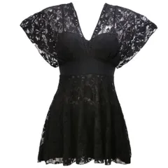 ☆ ブラック ☆ 2XL ☆ 水着 ワンピース レディース 体型カバー 水着 ワンピース オールインワン 大きいサイズ 花柄レース フラワーレース 半袖 かわいい シンプル おしゃれ オシャレ 二の腕 体型カバー スカート 深めVネック 大人 学生 リゾート
