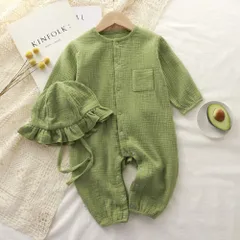 ☆ グリーン ☆ 80cm ☆ ベビー服ロンパース nabrp1990 ベビー服 ロンパース 帽子付き カバーオール オールインワン 前開き ダブルガーゼ 子ども服 子供服 薄手 薄い コットン 長袖 ベビー 赤ちゃん 女の子 男の子 子供 子ども こども