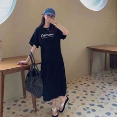 新品 Tシャツ 即購入OK ワンピース レディース 春夏 大人 ロゴ入り クルーネック スリット 春 半袖 ゆったり ルームウェア 大人 カジュアル かわいい 楽ちん 部屋着 マタニティ 韓国ファッション ピンク ブラ yunban37