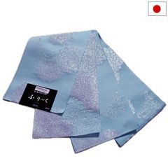 半幅帯（花と蝶柄：ブルー系）キラキラ ラメ入り 日本製 ロング 長尺 リバーシブル 細帯 浴衣 着物 小紋 レディース 女性 和装 和服