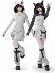 セットアップ 白　黒　モノトーン　サブカル  服  y3k  サイバー系　パンク　地雷  ジャージ  天使界隈  サイバー  パンク  ジャージ  ゲーミング ハーフジップ　トップス　悪魔界隈　レッグウォーマー　量産型　原宿　渋谷　猫耳フード