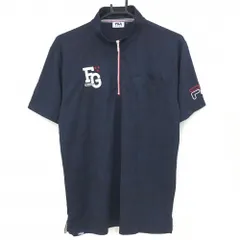 ★SALE価格★【超美品】フィラゴルフ 半袖ハイネックシャツ ネイビー×黒 迷彩×ストライプ織生地 カモフラ メンズ L ゴルフウェア FILA GOLF