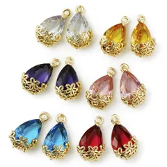 【最短発送】ガラスストーン カン付き 花座 チャーム ペンダント ピアス しずく アクセサリー パーツ ラインストーン クリア ローズ [MiYuffee] ピンク 6色12個セット