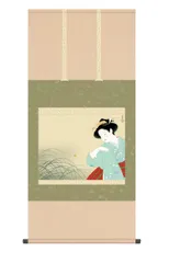 10年保証 掛け軸 新螢 (にいぼたる) 上村松園 新絹本 洛彩緞子本表装 尺5 桐箱付き モダン 掛軸 床の間 和室 名画複製画 おしゃれ 壁掛け 絵