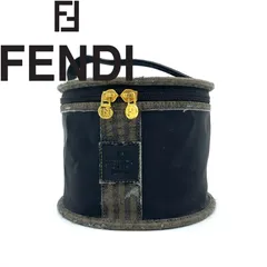 FENDI ペカン柄 バニティバッグ 化粧ポーチ FF ロゴ コスメポーチ ミニ ハンドバッグ 小物入れ メイクポーチ 手提げ オーバル型 ラウンド 丸型 筒型 ユーロヴィンテージ レトロ ゴールド金具 カーキ ブラック