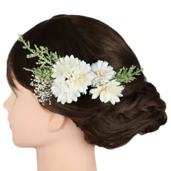 髪飾り 成人式 オフホワイト 振袖 前撮り 袴 花 白 緑 カスミソウ 小さい 2点セット ナチュラル ヘッドドレス 着物 和装 Uピン No.9-5448