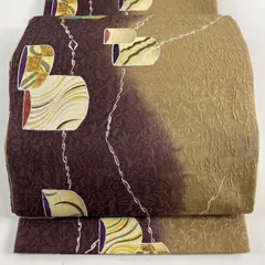 袋帯 美品 秀品 幾何学 花唐草 ぼかし 茶色 全通 正絹 【中古】