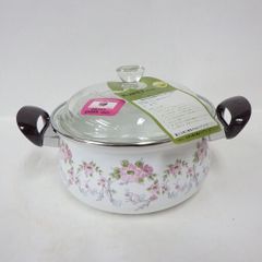 FUJI ホーロー 両手鍋 花柄 耐熱ガラス蓋 16cm 1.5ℓ 琺瑯 ホーロー鍋 併売