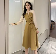 ワンピース トレンチコート コートワンピース 膝下 ミディアム丈 袖あり 長袖 Vネック 襟付き フレア Aライン ウエストマーク ウエストリボン ハイウエスト 大人 上品 おしゃれ お洒落 かっこいい 大人可愛い 大人女子 個性的 エレガント 存在感 バイカ