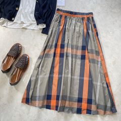 新品インポート！春夏ビッグチェックロングスカートM 大柄チェックロングスカートチェック柄スカートタフタ　カーキ×オレンジ着丈82