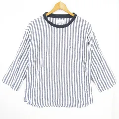フリークスストア FREAKS STORE カットソー Tシャツ 長袖 綿 麻 M ブルー ストライプ kz9446