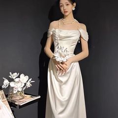 新品 未使用 一字肩 サテン ウェディングドレス ロングドレス 2025新作 高級感 花嫁 結婚式 披露宴 二次会 前撮り フォトウェディング パーティードレス エレガント シンプル 上品 レディース