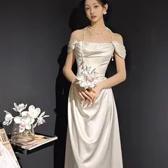 新品 未使用 一字肩 サテン ウェディングドレス ロングドレス 2026新作 高級感 花嫁 結婚式 披露宴 二次会 前撮り フォトウェディング パーティードレス エレガント シンプル 上品 レディース